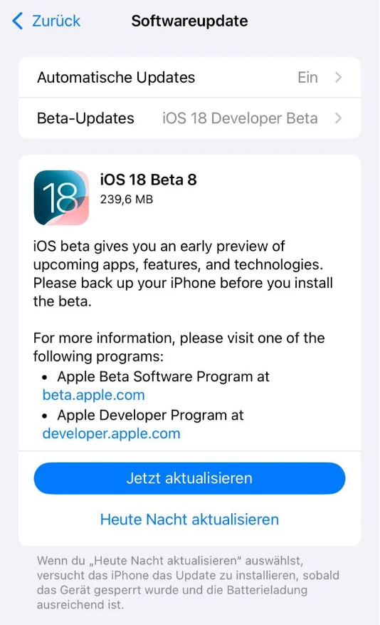 新华苹果手机维修分享苹果 iOS / iPadOS 18 开发者预览版 Beta 8 发布 